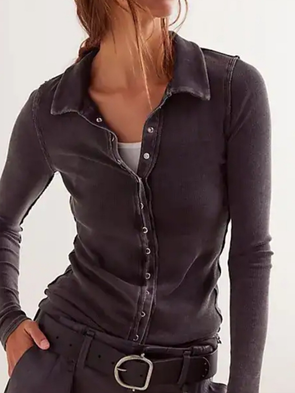 Free People We The Free Washed Black Betty Button Down Grunge Long Sleeve Top